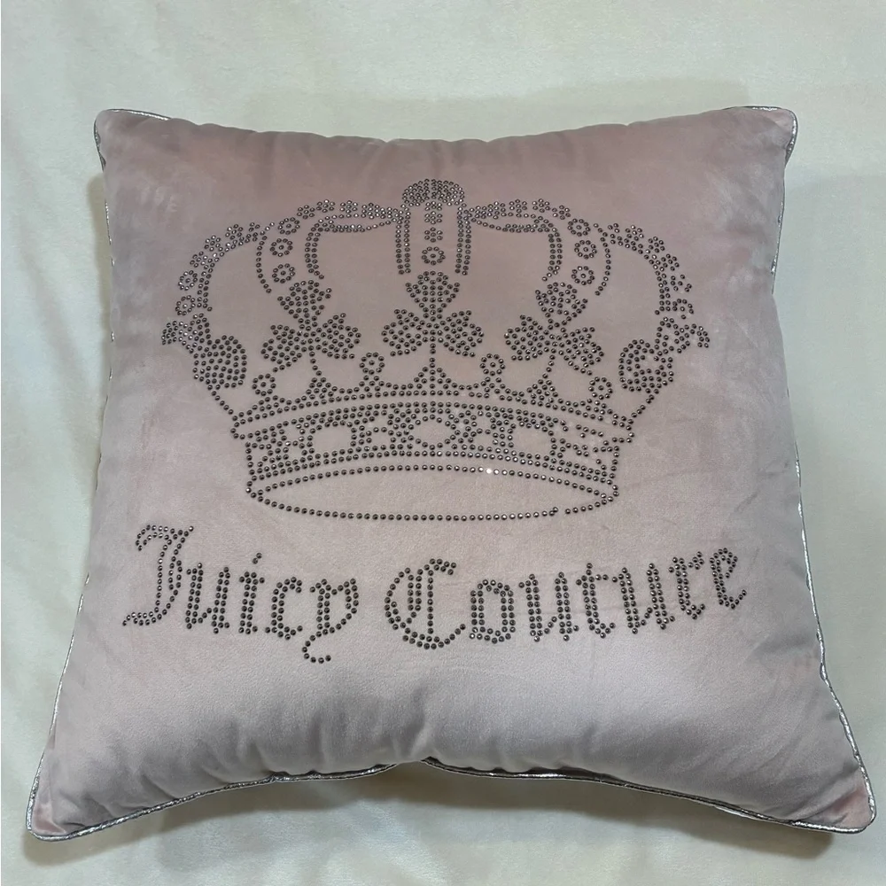 Juicy Couture Velour Pink Decorative Pillow 20x20in Velvet Rhinestones Crown